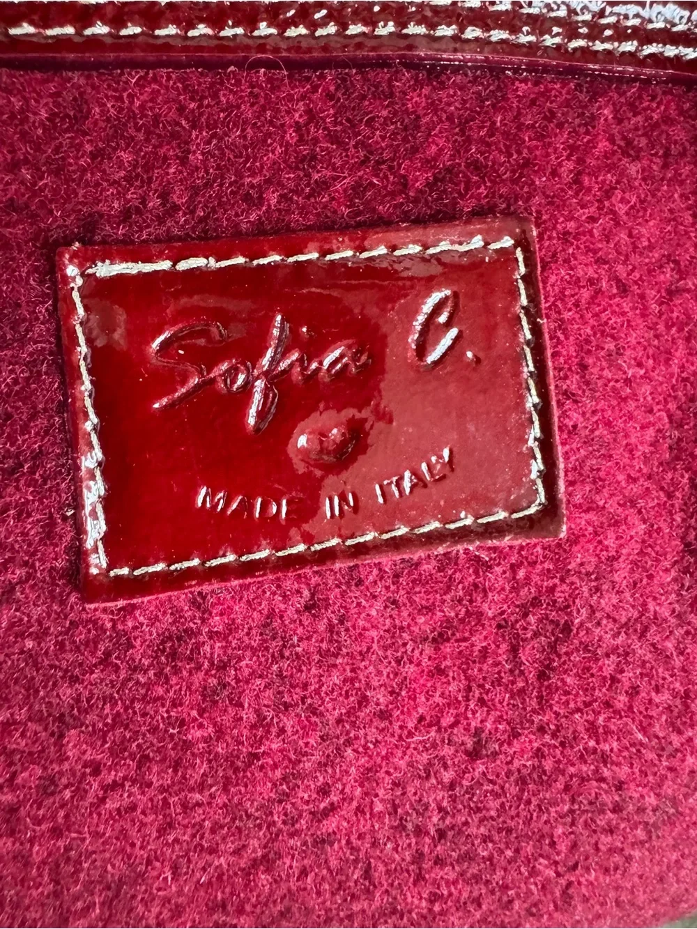 Sofia C. Made in Italy Burgundy Wool Patent Leather Satchel Handbag purse